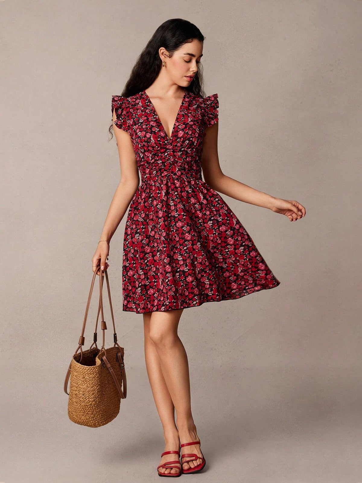Women's V-Neck Sleeveless Floral All-Over Print Simple Short Dress