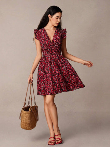Women's V-Neck Sleeveless Floral All-Over Print Simple Short Dress