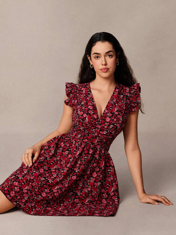 Women's V-Neck Sleeveless Floral All-Over Print Simple Short Dress