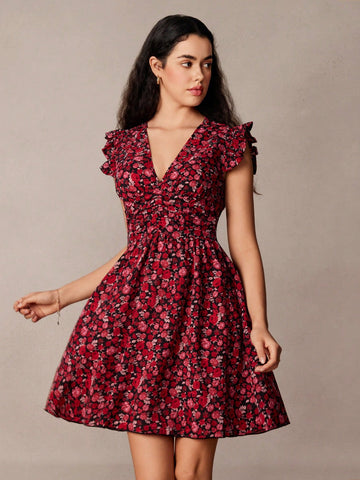 Women's V-Neck Sleeveless Floral All-Over Print Simple Short Dress