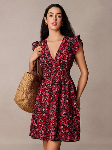 Women's V-Neck Sleeveless Floral All-Over Print Simple Short Dress