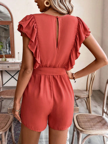 Women's V-Neck Splicing And Ruffled Jumpsuit
