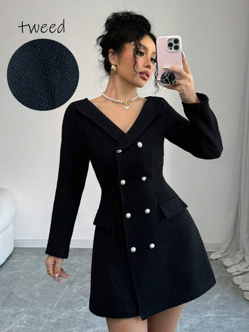 Women's V-Neck Tweed Double-Breasted Cinched Waist Slimming Elegant Dress