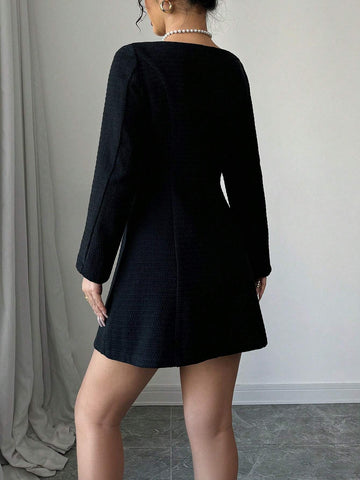 Women's V-Neck Tweed Double-Breasted Cinched Waist Slimming Elegant Dress