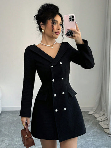 Women's V-Neck Tweed Double-Breasted Cinched Waist Slimming Elegant Dress