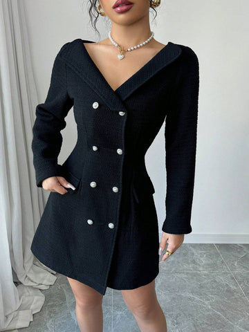 Women's V-Neck Tweed Double-Breasted Cinched Waist Slimming Elegant Dress