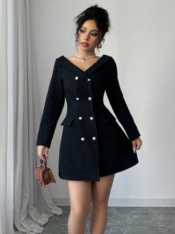 Women's V-Neck Tweed Double-Breasted Cinched Waist Slimming Elegant Dress