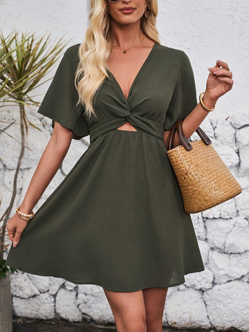 Women's V-Neck Twist-Front Short Sleeve Ruffle Hem Midi Dress