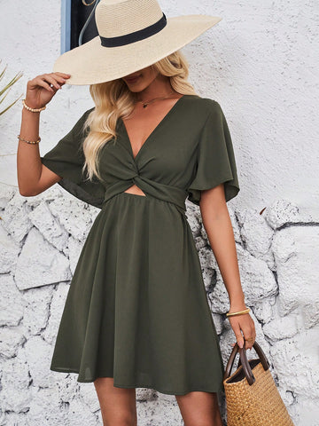 Women's V-Neck Twist-Front Short Sleeve Ruffle Hem Midi Dress