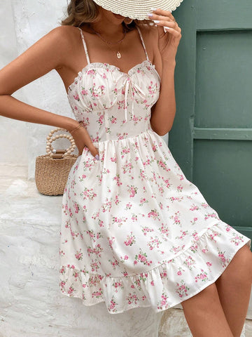Women's Vacation Casual Spaghetti Strap Dress With Ditsy Floral And Ruffled Hem