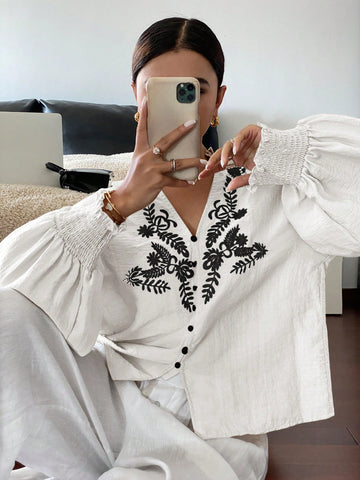 Frenchy Women's Vacation Casual White Open Front Embroidered Blouse