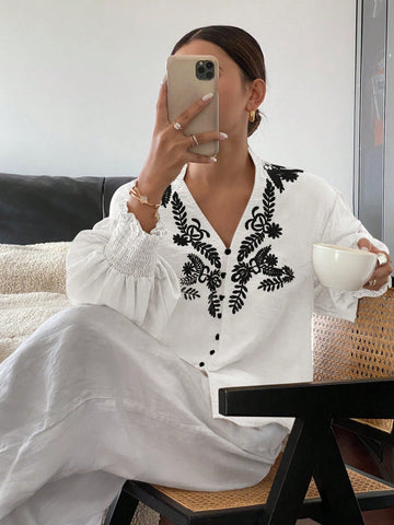 Frenchy Women's Vacation Casual White Open Front Embroidered Blouse