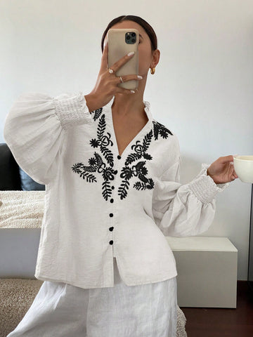 Frenchy Women's Vacation Casual White Open Front Embroidered Blouse