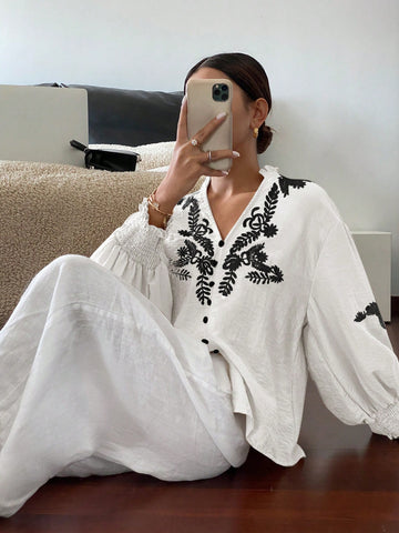 Frenchy Women's Vacation Casual White Open Front Embroidered Blouse