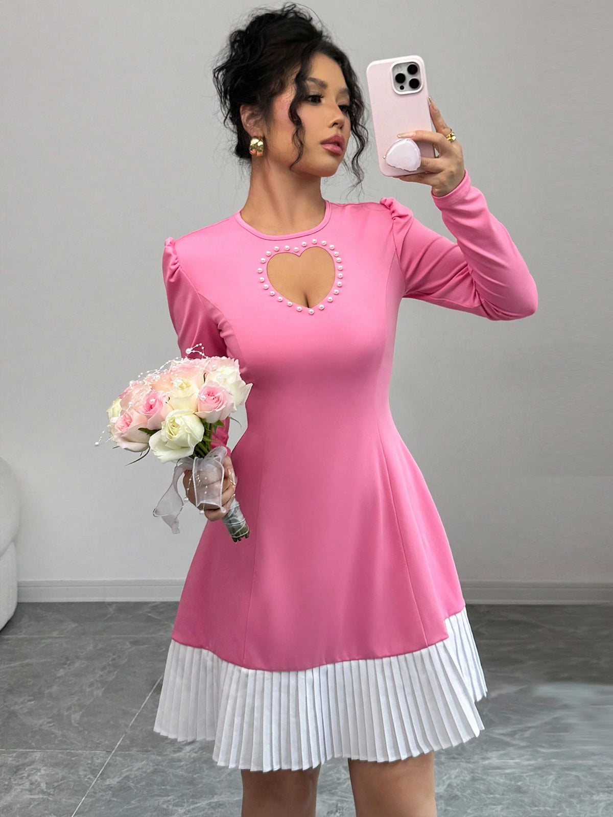 Women's Valentine's Day Heart Hollow Bubble Bead Waist Color Block Midi Dress, Pink & White