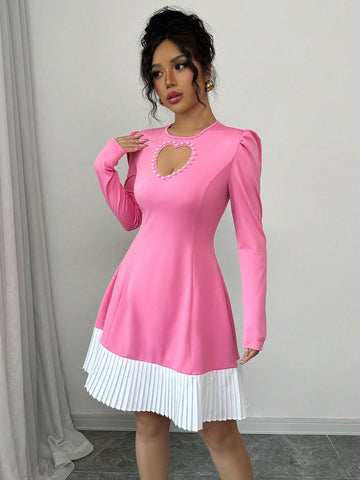 Women's Valentine's Day Heart Hollow Bubble Bead Waist Color Block Midi Dress, Pink & White