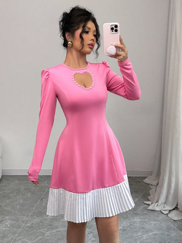 Women's Valentine's Day Heart Hollow Bubble Bead Waist Color Block Midi Dress, Pink & White