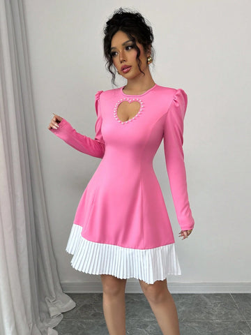 Women's Valentine's Day Heart Hollow Bubble Bead Waist Color Block Midi Dress, Pink & White