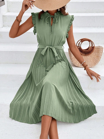 Women's Waist Strap A-Line Pleated Midi Skirt
