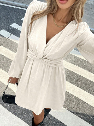 Women's Waist Twist V-Neck Casual Elegant Long Sleeve Fitted A-Line Dress