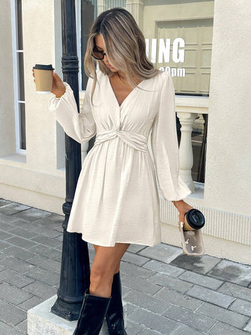 Women's Waist Twist V-Neck Casual Elegant Long Sleeve Fitted A-Line Dress