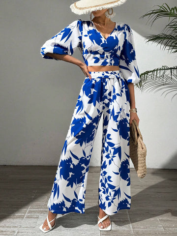 Women's White Base Solid Color Printed Spring/Summer Vacation 2pcs Set