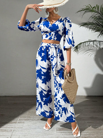 Women's White Base Solid Color Printed Spring/Summer Vacation 2pcs Set