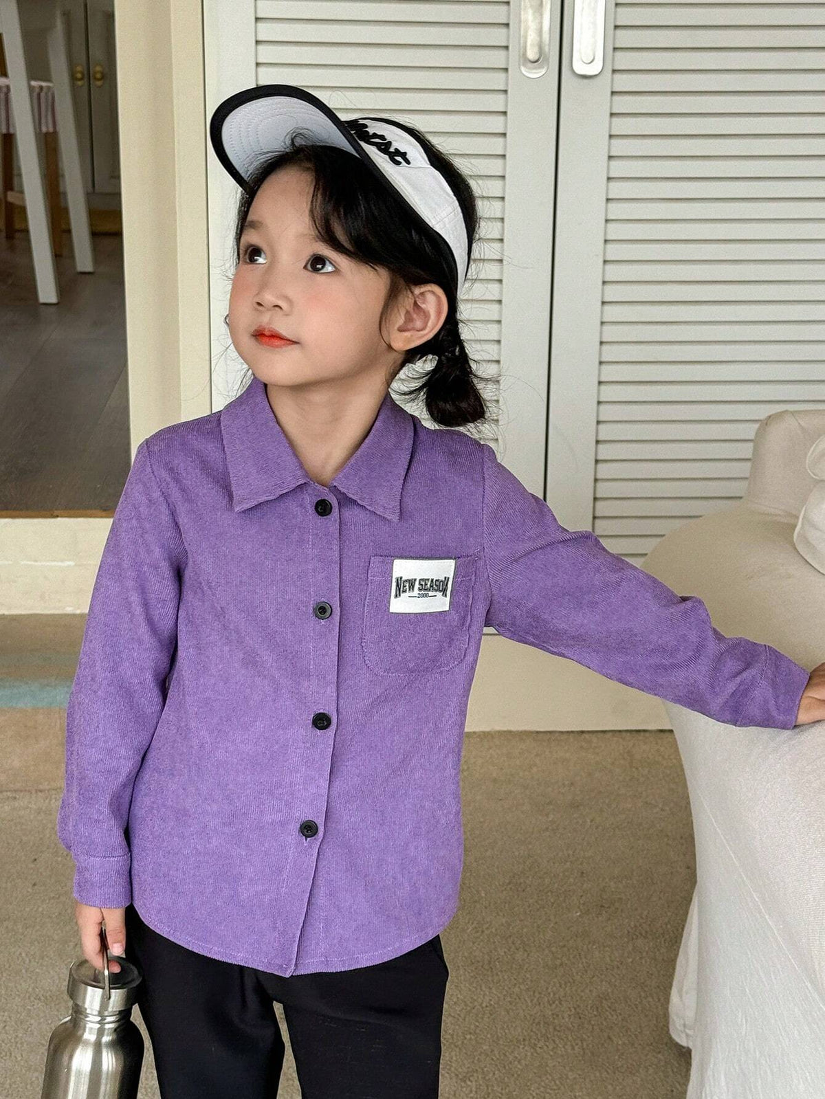 Genkimix Kids 1pc Girls' Elegant Purple Textured Comfortable Fabric Long Sleeve Cardigan Shirt With Pockets & Letter Decor, Fashion Spring-Autumn