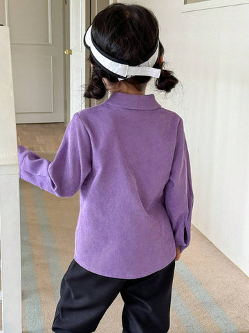 Genkimix Kids 1pc Girls' Elegant Purple Textured Comfortable Fabric Long Sleeve Cardigan Shirt With Pockets & Letter Decor, Fashion Spring-Autumn