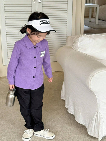 Genkimix Kids 1pc Girls' Elegant Purple Textured Comfortable Fabric Long Sleeve Cardigan Shirt With Pockets & Letter Decor, Fashion Spring-Autumn