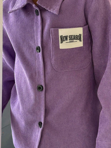 Genkimix Kids 1pc Girls' Elegant Purple Textured Comfortable Fabric Long Sleeve Cardigan Shirt With Pockets & Letter Decor, Fashion Spring-Autumn