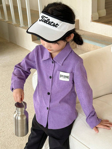 Genkimix Kids 1pc Girls' Elegant Purple Textured Comfortable Fabric Long Sleeve Cardigan Shirt With Pockets & Letter Decor, Fashion Spring-Autumn