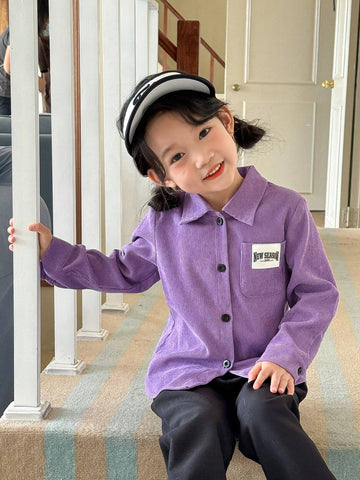 Genkimix Kids 1pc Girls' Elegant Purple Textured Comfortable Fabric Long Sleeve Cardigan Shirt With Pockets & Letter Decor, Fashion Spring-Autumn