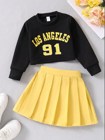 Kids 2pcs/Set Young Girl Round Neck Long Sleeve Letter Print Casual Top And Mini Skirt