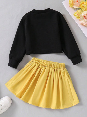 Kids 2pcs/Set Young Girl Round Neck Long Sleeve Letter Print Casual Top And Mini Skirt