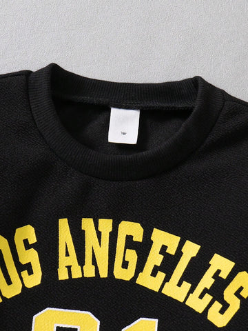 Kids 2pcs/Set Young Girl Round Neck Long Sleeve Letter Print Casual Top And Mini Skirt