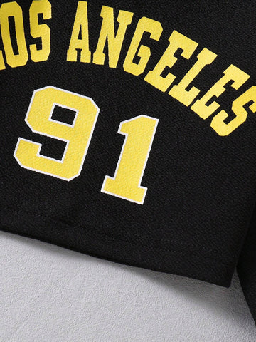 Kids 2pcs/Set Young Girl Round Neck Long Sleeve Letter Print Casual Top And Mini Skirt