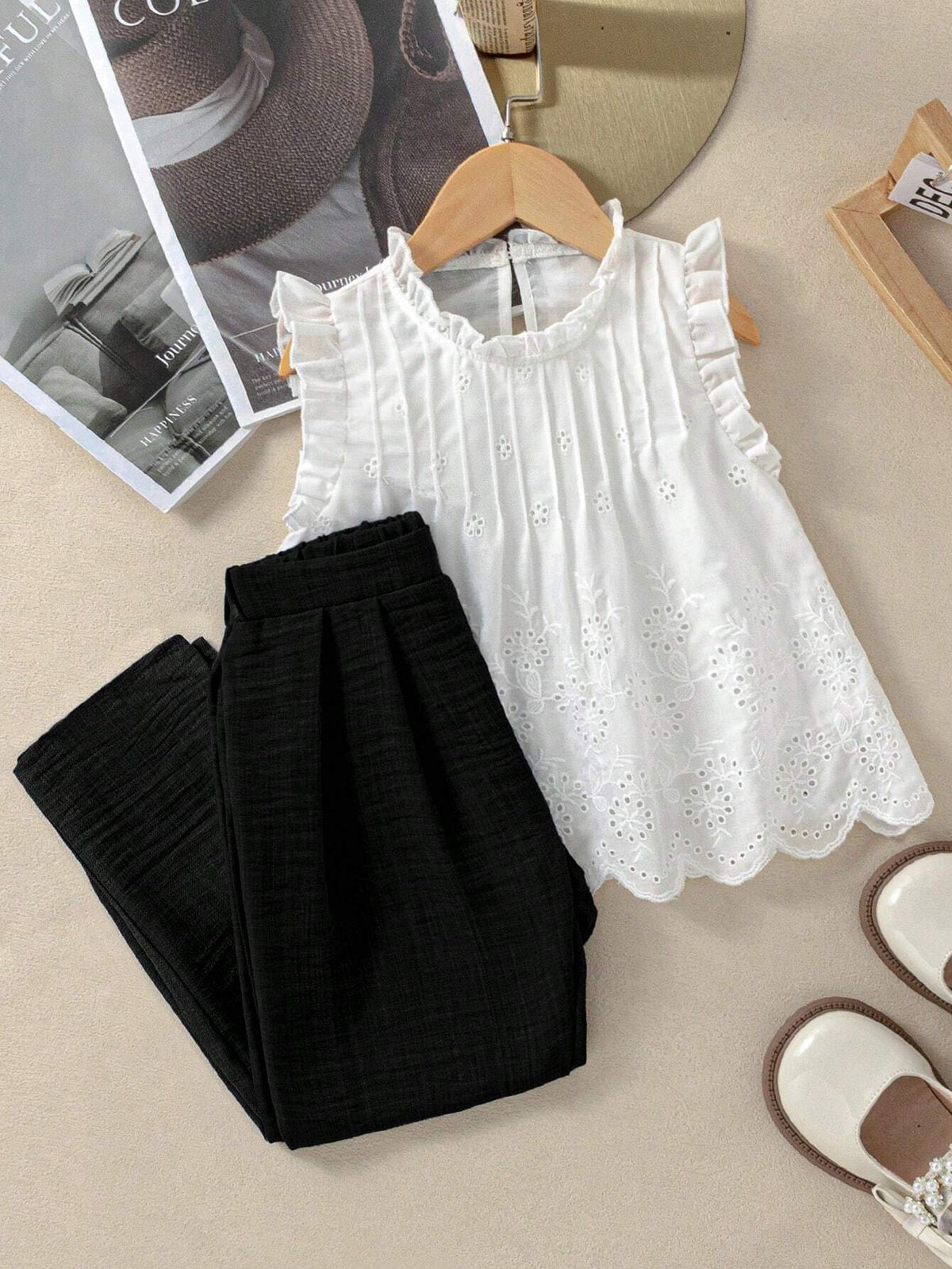 Kids 2pcs Girl's Round Neck Ruffle Trim Hollow Out Embroidery Sleeveless Top And Solid Color Pants Set