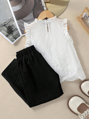 Kids 2pcs Girl's Round Neck Ruffle Trim Hollow Out Embroidery Sleeveless Top And Solid Color Pants Set