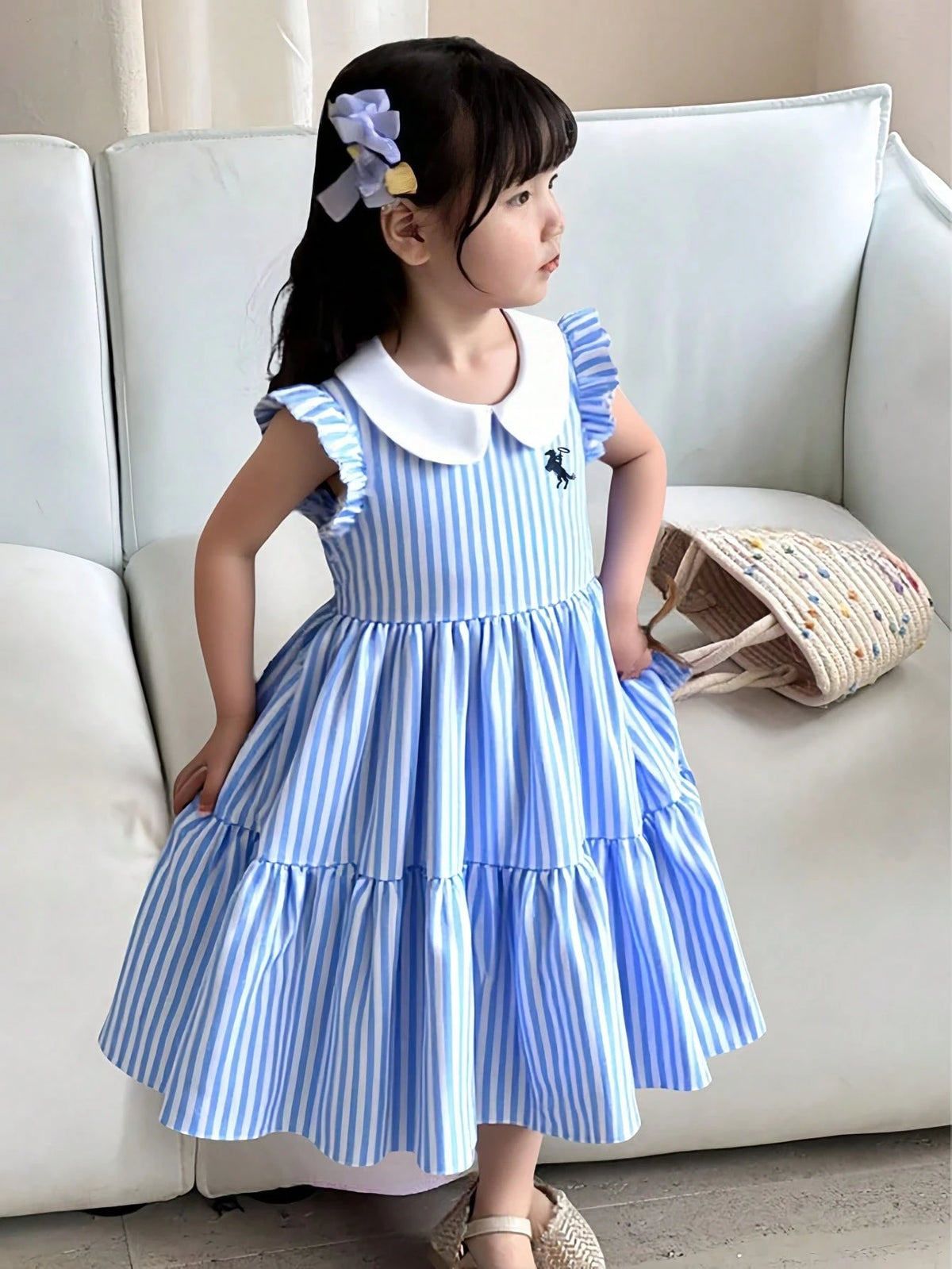 Kids Girls Blue Striped Ruffle Cuff Fashion Embroidery Design Ruffle Hem Casual/Holiday Princess Dress