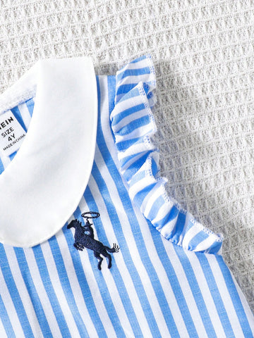 Kids Girls Blue Striped Ruffle Cuff Fashion Embroidery Design Ruffle Hem Casual/Holiday Princess Dress