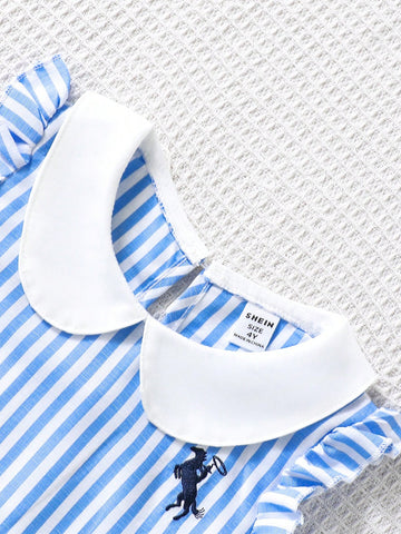 Kids Girls Blue Striped Ruffle Cuff Fashion Embroidery Design Ruffle Hem Casual/Holiday Princess Dress