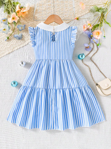 Kids Girls Blue Striped Ruffle Cuff Fashion Embroidery Design Ruffle Hem Casual/Holiday Princess Dress