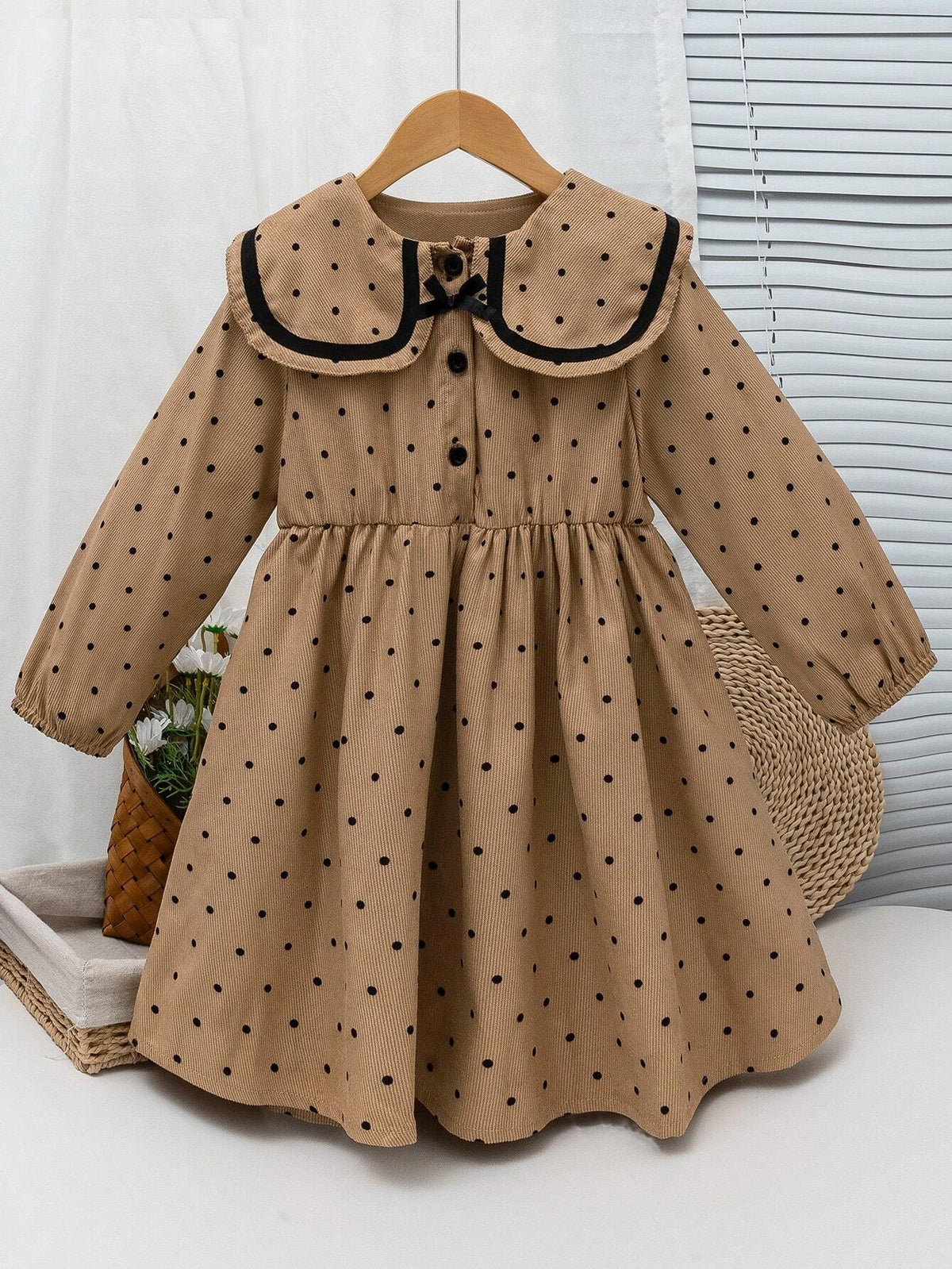 Kids Girls Casual All-Match Versatile Pastoral Style Autumn/Winter New Polka Dot Corduroy Square Collar Black Trim Dress