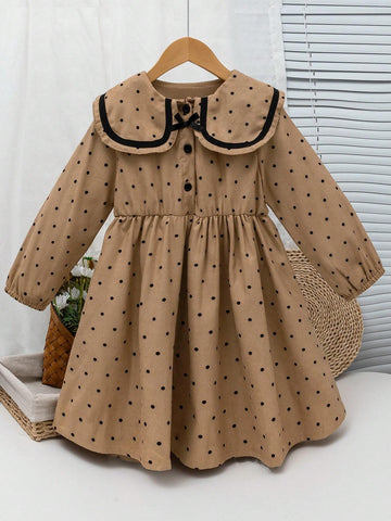 Kids Girls Casual All-Match Versatile Pastoral Style Autumn/Winter New Polka Dot Corduroy Square Collar Black Trim Dress