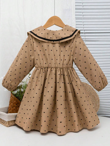 Kids Girls Casual All-Match Versatile Pastoral Style Autumn/Winter New Polka Dot Corduroy Square Collar Black Trim Dress