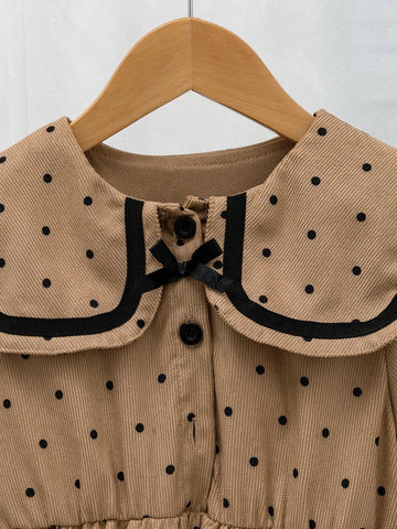 Kids Girls Casual All-Match Versatile Pastoral Style Autumn/Winter New Polka Dot Corduroy Square Collar Black Trim Dress