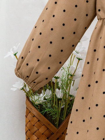 Kids Girls Casual All-Match Versatile Pastoral Style Autumn/Winter New Polka Dot Corduroy Square Collar Black Trim Dress