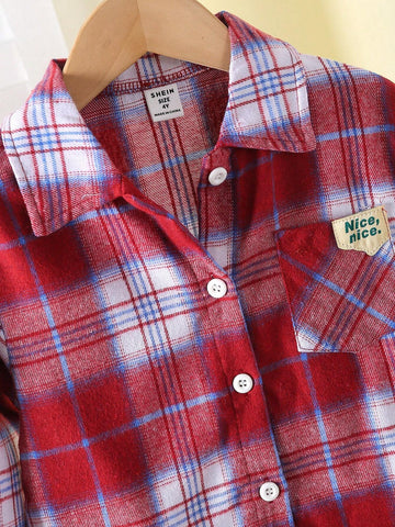 Kids Girls' Casual Fashionable Lapel Drop Shoulder Long Sleeve Loose Comfortable Colorful Patch Real Pocket English Letter Shirt, Spring Autumn