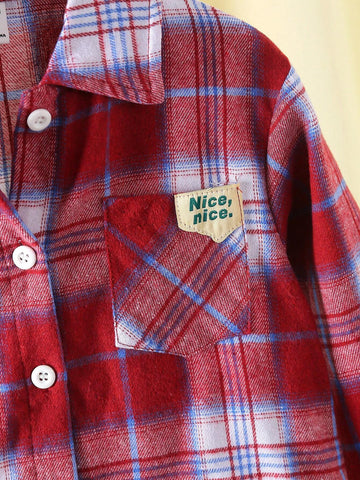 Kids Girls' Casual Fashionable Lapel Drop Shoulder Long Sleeve Loose Comfortable Colorful Patch Real Pocket English Letter Shirt, Spring Autumn